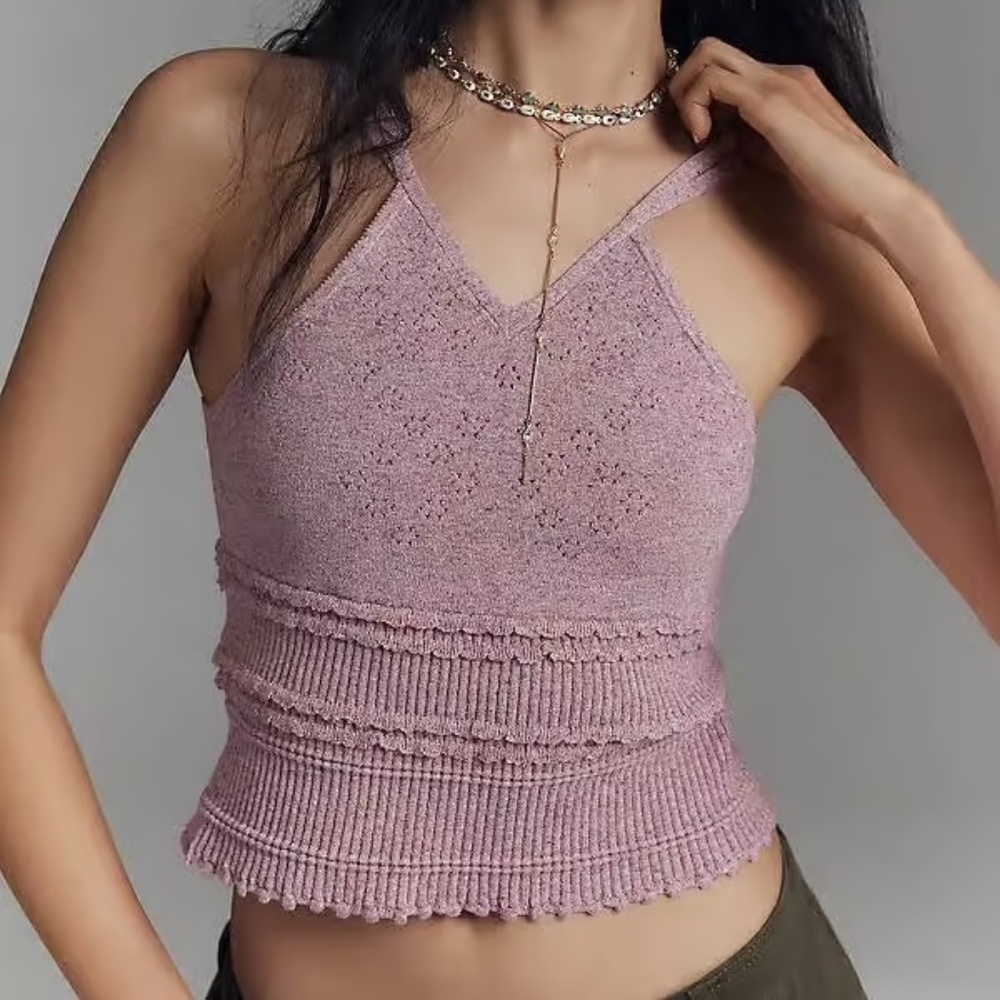 Anthropologie Knit V-Neck Linen Blend Tank Top in Raspberry Rose size L NWT